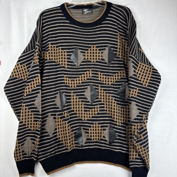 Alan Stuart Other - Vintage Alan Stuart Geometric Knit Sweater Men's XL Leather Accent 80s 90s